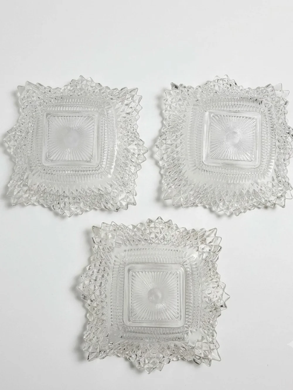 Vintage Indiana Glass Diamond Point Sunburst Square Bowls Set